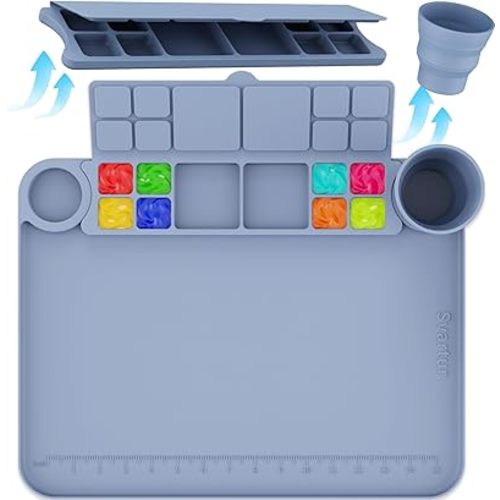 Silicone Painting Mat with Cup and Palette Removable, 17"X13" Thick Silicone Art Mat for Craft with Raised Edge, Artist Creator Mat Silicone for Resin DIY Making, Gray