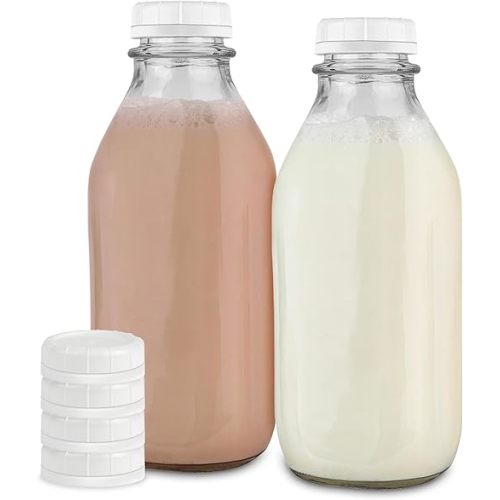 Stock Your Home Liter Glass Milk Bottles (2 Pack) - 32-Oz Milk Jars with Lids - Food Grade Glass Bottles - Dishwasher Safe - Bottles for Milk, Buttermilk, Honey, Maple Syrup, Jam, BBQ Sauce
