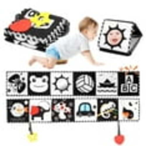 Newborn Toys, High Contrast Baby Books with Teether, Tummy Time Toys,Black and White Baby Toys, 0-6Months Auditory and Visual Stimulation Montessori Toy Gift