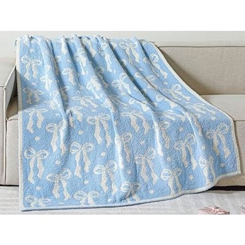 Buryeah Blue Bow Blanket Soft Microfiber Bow Throw Blanket Coquette Aesthetic Preppy Bedding Stuff Plush Cute Room Dormitory Sofa Bed Decor Christmas Back School Gifts for Teacher, 50"x60"