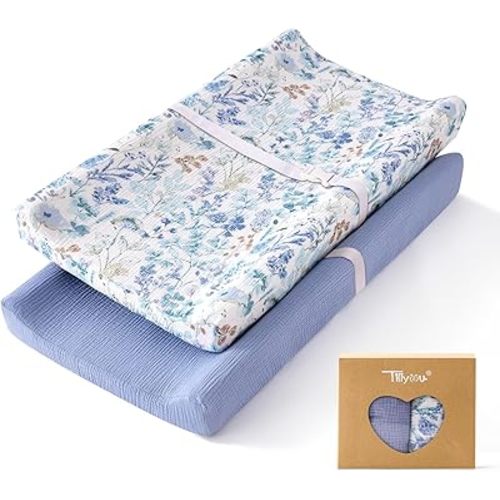 TILLYOU Muslin Changing Pad Cover for Baby Girls Boys, Soft and Breathable Cotton Diaper Changing Table Cover, 2 Pack(Blue Flower)
