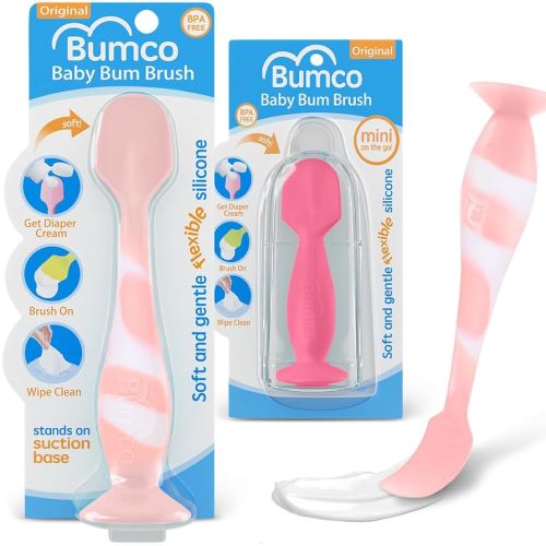 Bumco Baby Bum Brush + Mini Baby Diaper Cream Spatula with Case - BPA-Free Silicone Diaper Spatula with Suction Cup, Wipe-Clean, Mom-Invented Butt Paste Applicator (Pink Swirl & Pink)