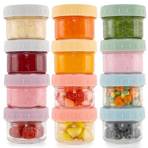 Caperci 12-Pack Glass Baby Food Storage Containers - 4 oz Freezer Safe Baby Food Storage Jars with Lids, Small Glass Baby Puree containers,Baby Bullet Jars, Microwave & Dishwasher Safe, BPA Free