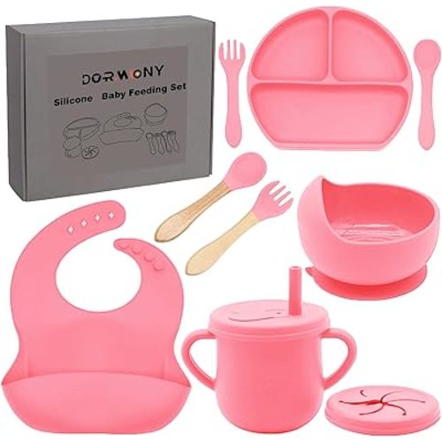 100% Silicone baby feeding set,BPA free Baby dishes set with Suction Bowl Divided Plate,Toddler Self Feeding Dish Set with Spoons Forks Sippy Cup And Bib, Baby Eating Utensils (Hot Pink)