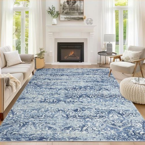 Soft Vintage Damask Distressed Large Bedroom Area Rug, Boho Abstract Non-slip Rugs For Living Room Dining Room, Blue, 6'x9'