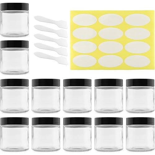 Cornucopia 4-Ounce Clear Glass Jars (12-Pack); Straight-Sided Containers for Cosmetics and Food Storage with Spatulas and Labels