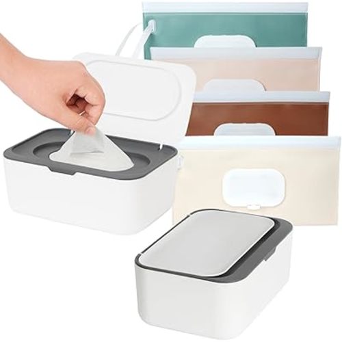 Wipes Dispenser with 4 Pack Portable Baby Wipe Case, Wipe Holder for Baby & Adult, Seposeve Refillable Wipe Container, Keeps Wipes Fresh, Easy Open/Close Wipes Pouch Case, 2 Grey + 4 PureColor