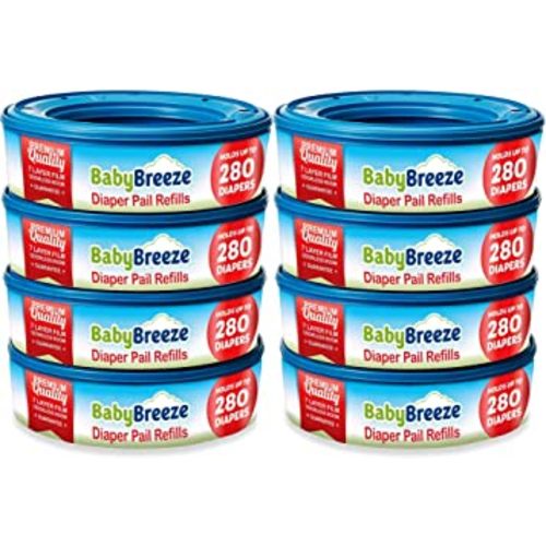 BabyBreeze Diaper Pail Refill Bags Compatible with Playtex Diaper Genie Pails Odor Absorbing Diaper Disposal Trash Bags - 2240 Count (8-Pack)