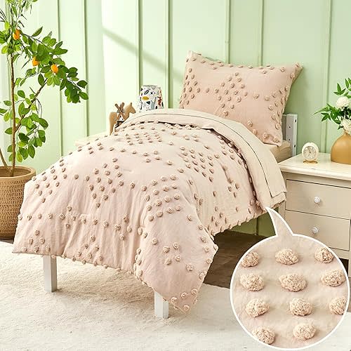 Toddler Bedding Set for Girls 4-Piece Beige Jacquard Pom Pom Tufts Embroidery Bohemian Boho Tufted Dots Comforter Set for Baby Kids Bed-in-a-Bag with Comforter, Flat Sheet, Fitted Sheet, Pillowcase