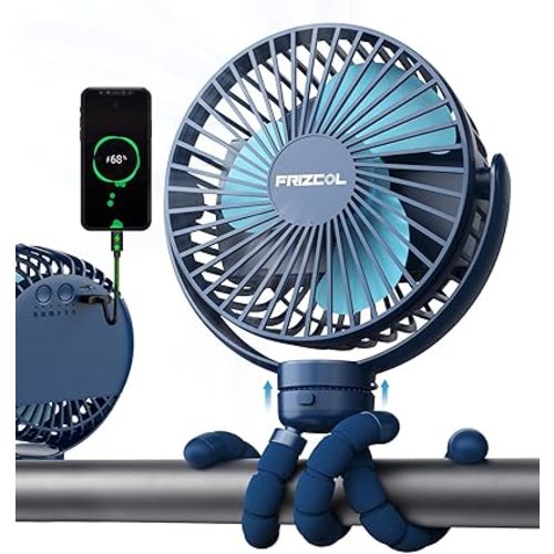 FRIZCOL 12000mAh Portable Stroller Fan, Use As Power Bank, 65H Battery Operated Fan Flexible Tripod Clip On Fans, Detachable Personal Handheld Baby Fans for Stroller, Car seat, Desk, Treadmill (Blue)