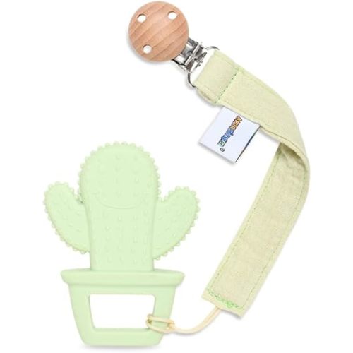 Baby Food Grade Silicone Teether Toy with Pacifier clip Holder,Teething Pain Relief Toys Gift Set for 3 Months+ Boys and Girls,Freezer Safe,BPA Free (Cacuts)