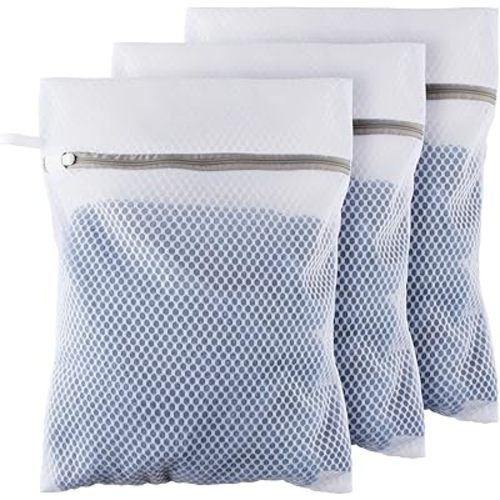 Medium Honeycomb Lingerie Bags with Hanging Loop- 3 Pack MDSXO Mesh Laundry Bags for Washing Delicates, White Wash Bags for Socks, Bra, Mask, Underwear 12 * 16 inch [3 Pack]