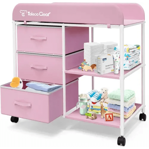 Baby Changing Table, Portable Changing Table, Diaper Changing Station with Waterproof Pad, Changing Table Dresser with 3 Storage Baskets, Mobile Nursery Organizer for Newborn Essentials