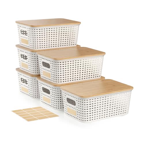 Plastic Storage Bins with Bamboo Lid - Pantry Storage Baskets with Lid - Stackable Container with Lable for Organizing: Small Storage Box for Shelves Office Cabinet Drawer Closet 9x7x4 In - White 6Pcs