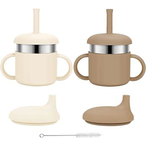 Baby Sippy Cups, 7.4 Oz Sippy Cups, 3 Stages Training Cup, Straw Cup for Infants Toddlers 6-12 Month and Kids 1-3 Year, Stainless Steel Kid Cups with Silicone Straws (Beige+Brown)