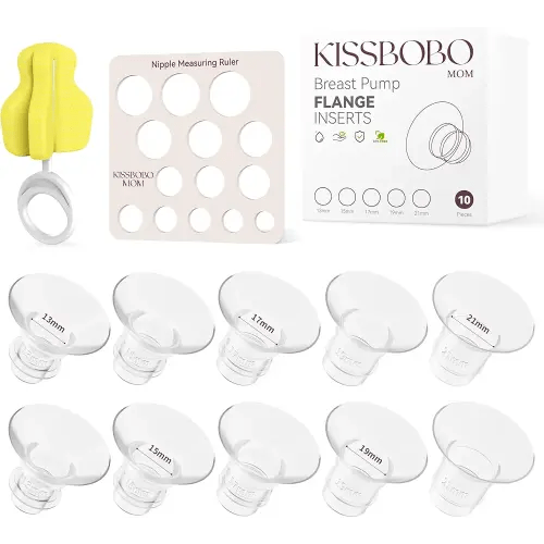 KISSBOBO MOM Breast Pump Electrical 10 Pack Flange Inserts 13/15/17/19/21mm & Nipple Ruler & Cleaning Brush, Compatible with 24mm Most Pumps: Momcozy S12/S12 Pro/S9/S9Pro/S12/Bellababy/TSRETE/Nuliie