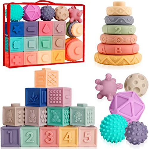 Baby Toys 6 to 12 Months, 3 in 1 Montessori Toys, Colorful Soft Stacking Blocks, Sensory Toys & Stacking Rings with Patterns, Numbers, Early Development Learning Toys for 6-12-18 Months Infant Toddler