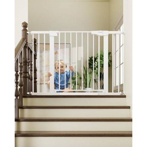 Cumbor 29.7-46" Baby Gate for Stairs, Toddler Safety Essentials for The House, Auto Close Dog Gate for Doorways, Mom's Choice Awards Winner-Easy Install Pressure Mounted Pet Gates for Dogs, White