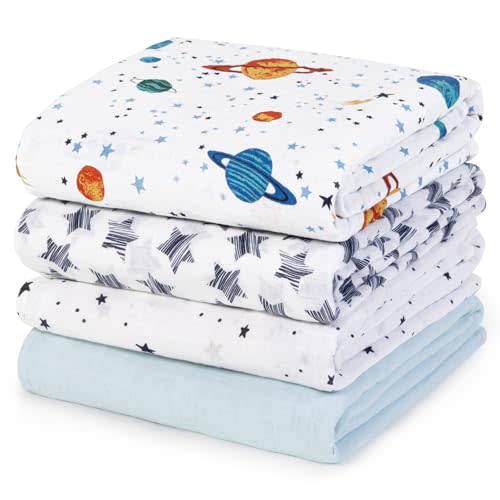 david's kids 4 Pack Baby Muslin Swaddle Blankets, 100% Cotton and Ultra Soft Breathable Receiving Blanket Wrap for Boys Girls, New Born Essentials, Large 47 x 47 inches, Space&Stars