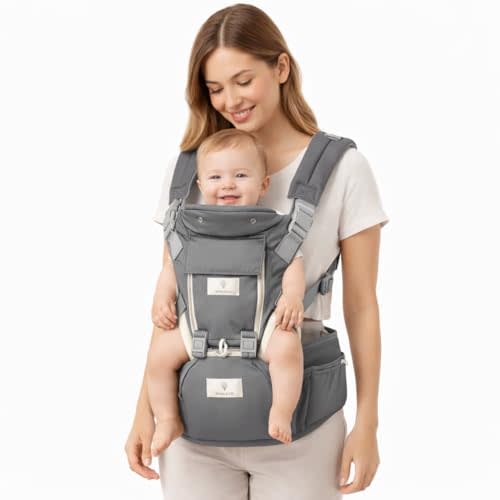 6 in 1 Hip Carrier for Baby - Easy to Wear Ergonomic Front Facing Baby Carrier with Hip Seat for 7–50 lbs - Baby Harness with Back Support, Breathable & Adjustable for Comfortable Travel - Grey