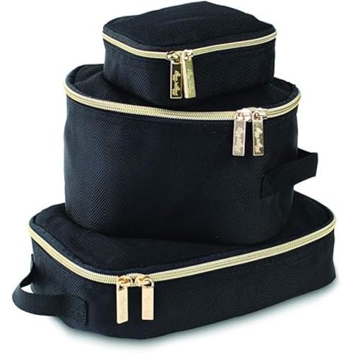 Itzy Ritzy Packing Cubes for Travel – Set of 3 Packing Cubes or Travel Organizers; Each Travel Cube Features a Mesh Top, Double Zippers and a Fabric Handle (Black with Gold Hardware)