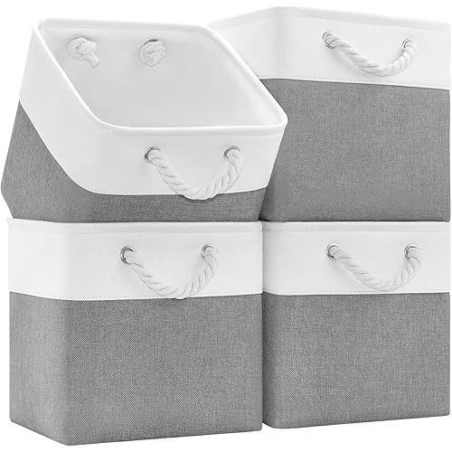 11x11 Cube Storage Bins, 4 Pack Foldable Fabric Organizer Bins with Rope Handles, Storage Cubes for Organizing Bedroom, Living Room, Clothes and Toys, Shelves and Closet (White & Gray)