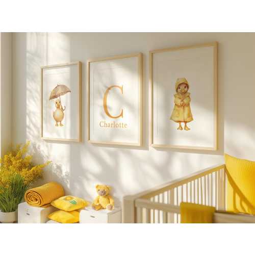 Set of 3 Personalized Duck Nursery Prints - Custom Name Wall Art - Neutral Yellow Nursery Decor - Digital Download Duckling Baby Room Art