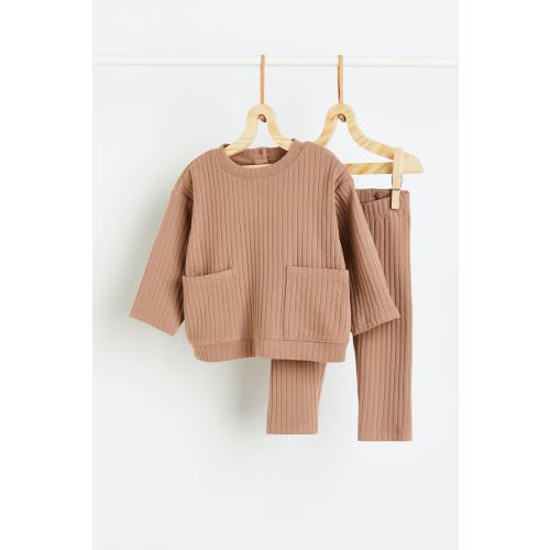 2-piece Ribbed Jersey Set - Dark Beige; 6 or 9 Months
