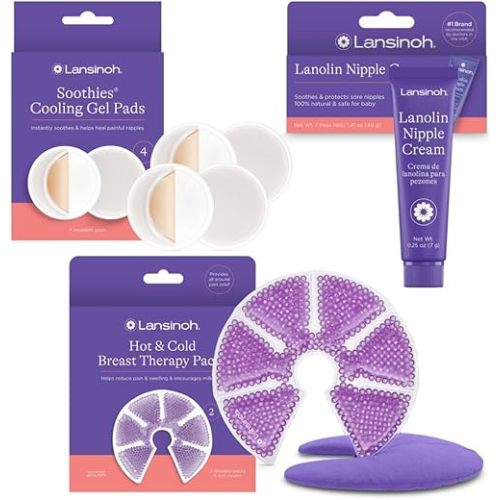 Lansinoh Breast Therapy Packs with Soft Covers, 2 Pack + Lansinoh Lanolin Nipple Cream, Safe for Mom & Baby, 1.41 Ounces + Lansinoh Soothies Cooling Gel Pads, 4 Count, Provides Relief for Sore Nipples