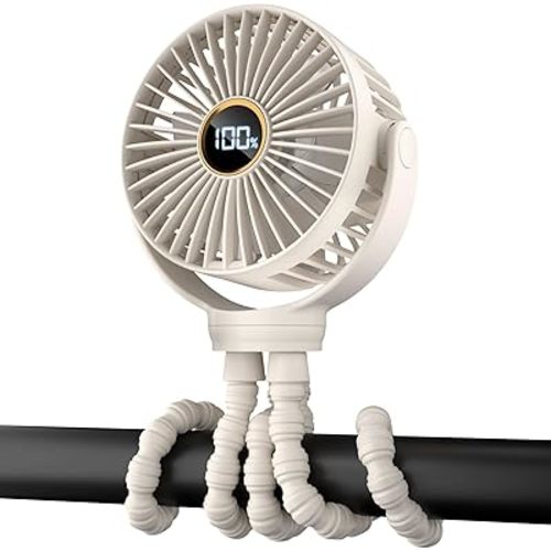 Portable Stroller Fan, Small Battery Powered Cooler w/ 360° Rotation, 3-Speed, Display, Rechargeable Mini Personal Stroller Accessories, Baby Essentials for Car Seat, Crib, Bike, Treadmill, Beige