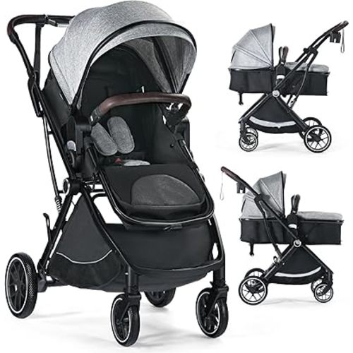 Baby Stroller, 3 in 1 Folding High Landscape Infant Stroller & Convertible Bassinet Pram for Newborn, Portable Baby Carriage Pushchair with Adjustable Canopy, Cup Holder, Storage Basket, Grey