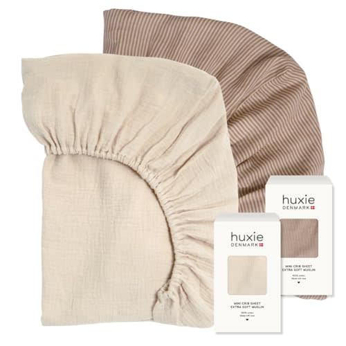 Huxie Mini Crib Sheets – Organic Cotton Muslin Fitted Crib Sheet – Fitted for Pack and Play 24" x 38" Ultra-Soft and Breathable (Fog/Stripe)