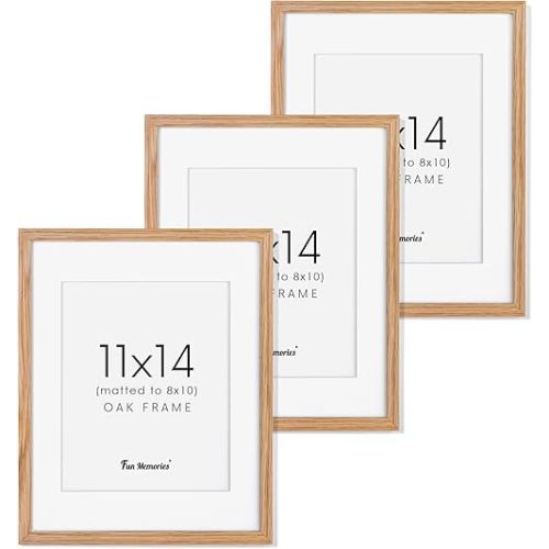 11x14 Picture Frame, 11"x14" Oak Wood Frame, 11x14 Picture Frame Set of 3, 11x14 Frame with Mat for 8x10, Real Tempered Glass, 11 x 14 Photo Frame for Wall (Natural Oak Color, 3 Pack)