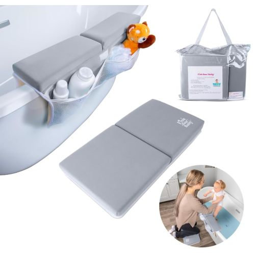 FiveStarBaby Bath Kneeler and Elbow Rest Pad Set - Extra Comfortable and Soft Bath Kneeling Pad for Bathing Baby with Bath Toys Organizer - Thick Memory Foam, Quick-Dry Bathtub Kneeling Set (Grey)
