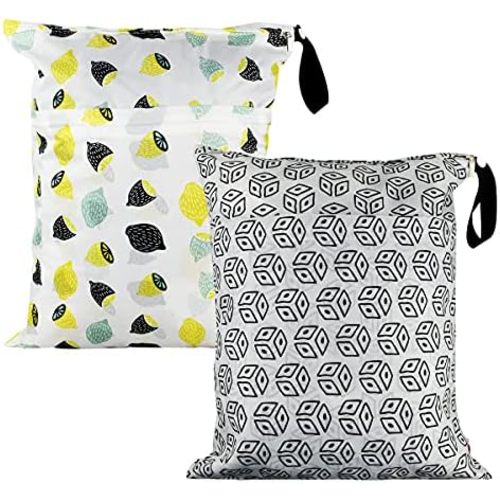 2Pcs Waterproof Reusable Wet & Dry Bag for Baby Cloth Diaper Gym Clothes Travel Bags Washable Beach Pool Swimsuits Pockets with Two Zippered Dirty Diapers Stroller Yoga Toiletries Daycare Organizer