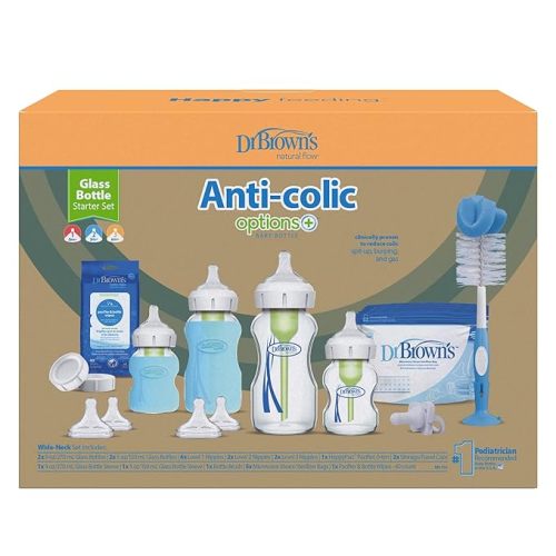 Dr. Brown’s Natural Flow Anti-Colic Options+ Wide-Neck Glass Baby Bottle Starter Set with 100% Silicone Glass Bottle Sleeves, Baby Bottle Brush, Prevent Pacifier and Pacifier and Bottle Wipes