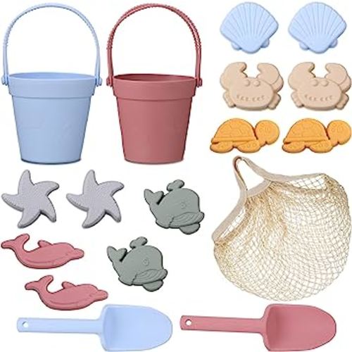 Amazon.com: Hungdao 16 Pcs Silicone Beach Toys and 1 Mesh Beach Bag Set Collapsible Sand Toys Travel Sand Box Toys Blue Red Sand Bucket Shovel and 3D Marine Theme Molds for Summer Outdoor Beach (Lovely Style) : Toys & Games