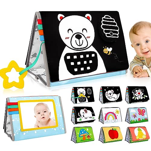 Aboosam Tummy Time Mirror Baby Toys 0-6 Months - Infant Toys Black and White High Contrast Baby Crinkle Toys 0-3 Months with Teether - Montessori Newborn Brain Development Sensory Toys for Babies