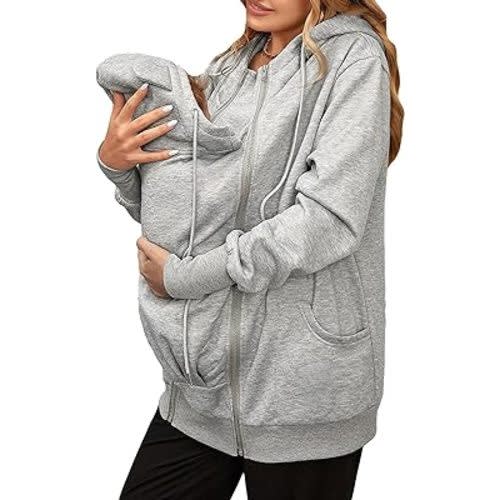 QWINEE Women's Maternity Zip Up Sweatshirt Babywearing Carrier Hoodie Drop Shoulder Drawstring Nurse Hoodies