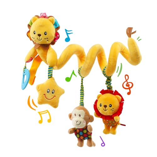 Jollybaby Crib Stroller Car Seat Toys for Baby 0-3-6-9-12 Months, Tummy Time Hanging Sensory Toys for Newborn with Music Box and Teether, Spiral Carseat Toy for Infant Boys Girls Gifts (Little Lion)