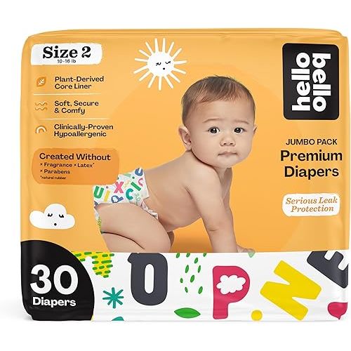 Hello Bello Premium Baby Diapers Size 2 I 30 Count of Disposable, Extra-Absorbent, Hypoallergenic Baby Diapers with Snug and Comfort Fit I Alphabet Soup