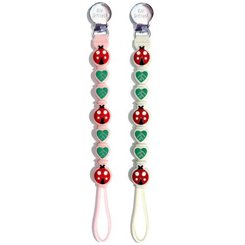 2 Pack Silicone Pacifier Clips for Baby Boys – Food Grade One-Piece Strap with Cord & Stainless Clip – Teether Holder for Baby – Cute Ladybug & Leaf Design – BPA-Free(Beige+Pink)