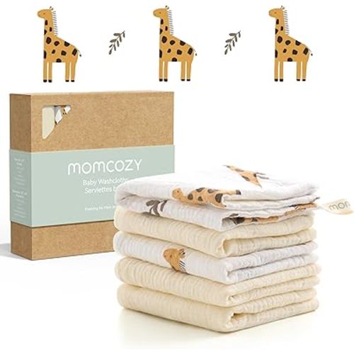 Momcozy Baby Washcloths - 4 Layer Design| Medium Thickness| Premium Cotton for Newborns' Skin-Great for Bathing, Wiping & on-The-go Use, Shower Gift and Essential(5 Pack, 10x10 inch)
