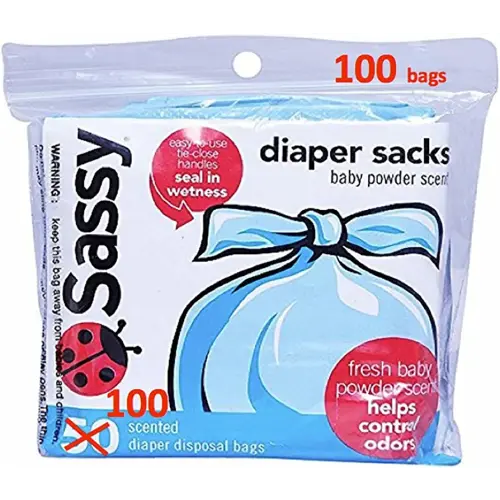 Sassy 100 Count Disposable Diaper Sacks, Powder Scented, 4-25 Sacks per Roll, Easy-to-Tie, Diaper Disposal or Pet Waste Bags