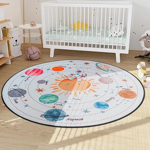 Solar System Planet Theme Carpets for Kids, 4ft Non-Slip Space Rugs for Babies and Infants, Educational Area Rug, Play Rug for Boys Girls Bedrooms Playroom, Cute Circle Rug Washable