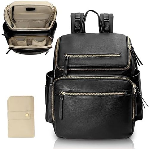 Omanmoli Diaper Bag Backpack Baby Diaper Bag Leather with 17 Diaper Bag Organizing Pouches,Changing Pad,Stroller Straps,4 Insulated Pockets,Black
