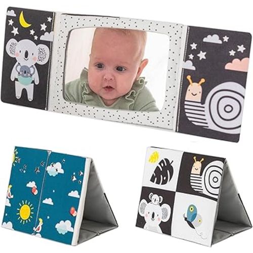 Taf Toys Tummy Time Floor Mirror Book Toys for Babies High Contrast Activity Montessori Newborn Toys, Black & White Baby Mirror Toys 0 3 6 12 0-3 Months Newborn Essential for Tummy Time