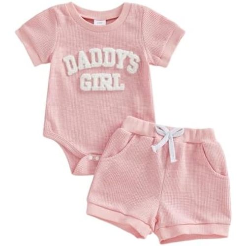 allshope Newborn Baby Girl Summer Outfit Set Romper Daddy Girl Embroidery Jumpsuit Tops Shorts Infant Waffle Clothes