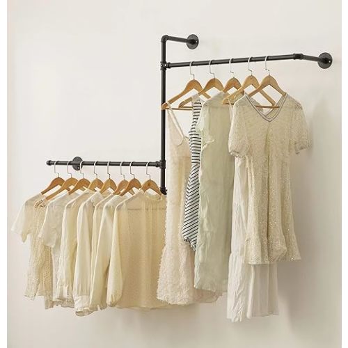 Industrial Pipe Clothing Rack Wall Garment Rack with Pipe Clothes Rails, Multi-Purpose Heavy Duty Clothes Hanging Rods Space-Saving Clothes Bar Organizer Closet (wall clothing rack-2 hanging rods)