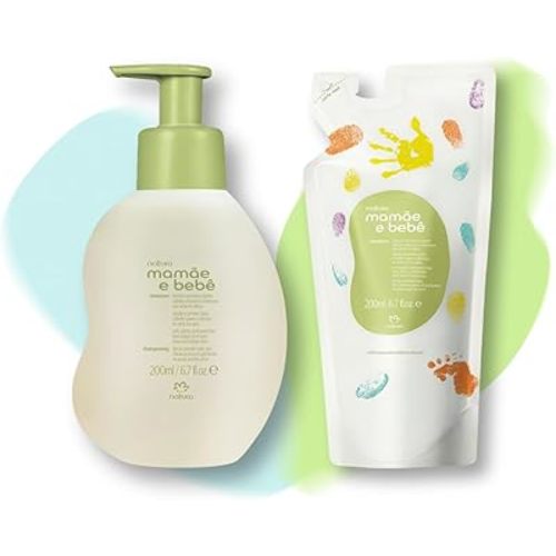 natura - Mamãe e Bebê Baby Shampoo with Refill - 100% Vegan - Safe & Gentle Formula - 98.4% Natural Origin - All Skin Types - Cruelty Free - Brazilian Beauty - Baby Essentials - 6.7 fl oz (200ml)